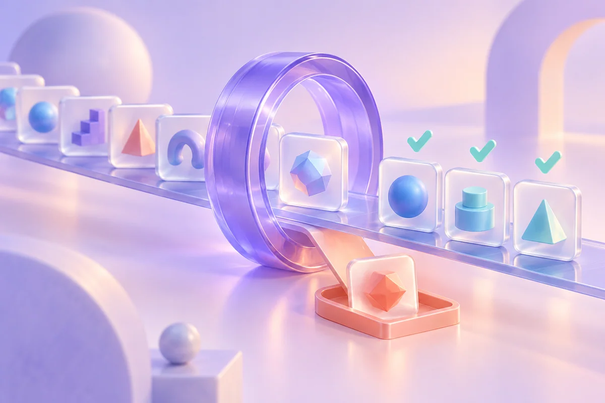 Individual creative tiles pass through an inspection ring, with accepted items checked and one item set aside.
