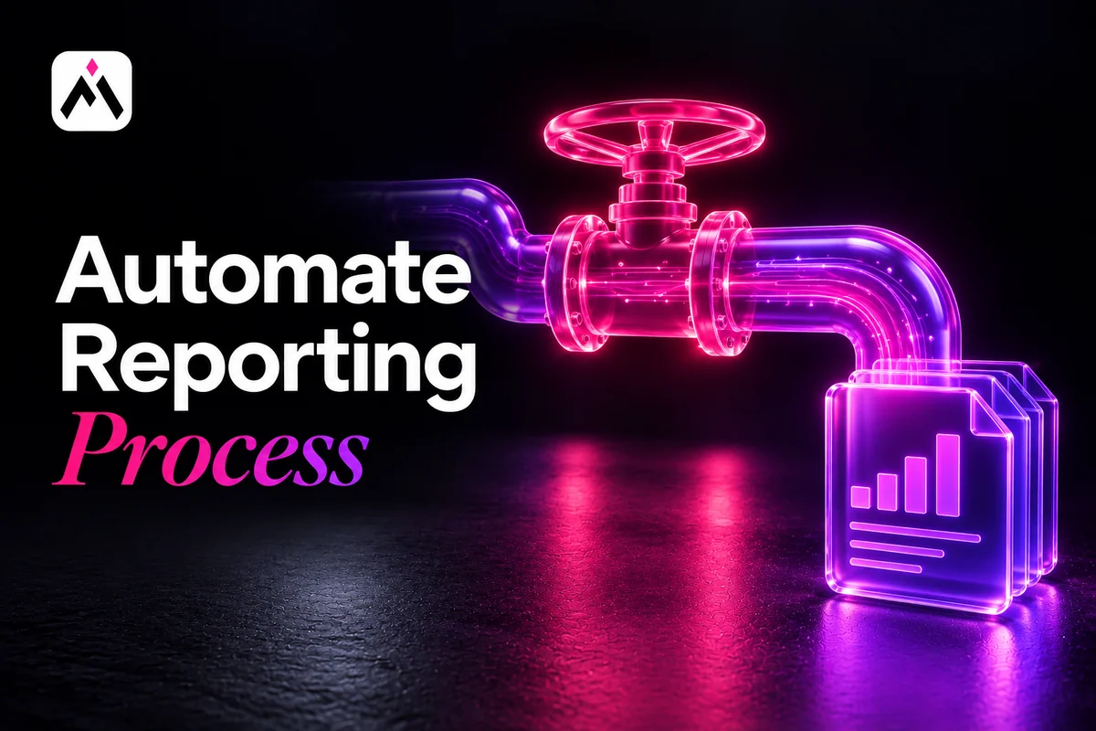 A violet glass pipeline with a pink open valve and report output. Cover title: Automate Reporting Process. Automations For Business logo.