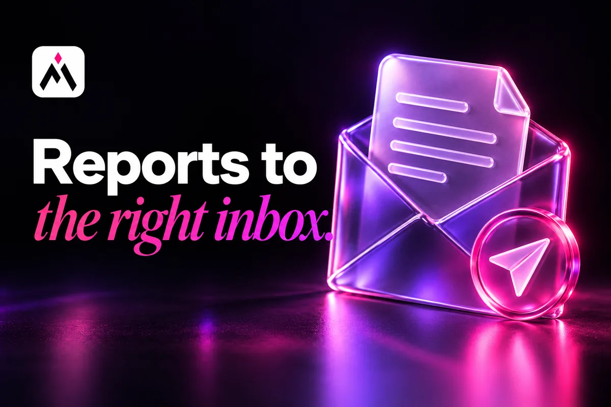 A glass document in an envelope. Cover: Reports to the right inbox.