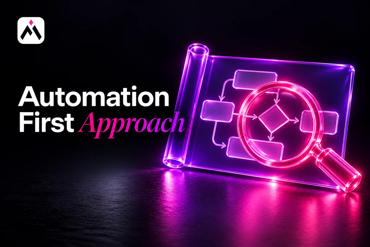 A pink glass magnifying lens studies a violet process blueprint. Cover title: Automation First Approach. Automations For Business logo.