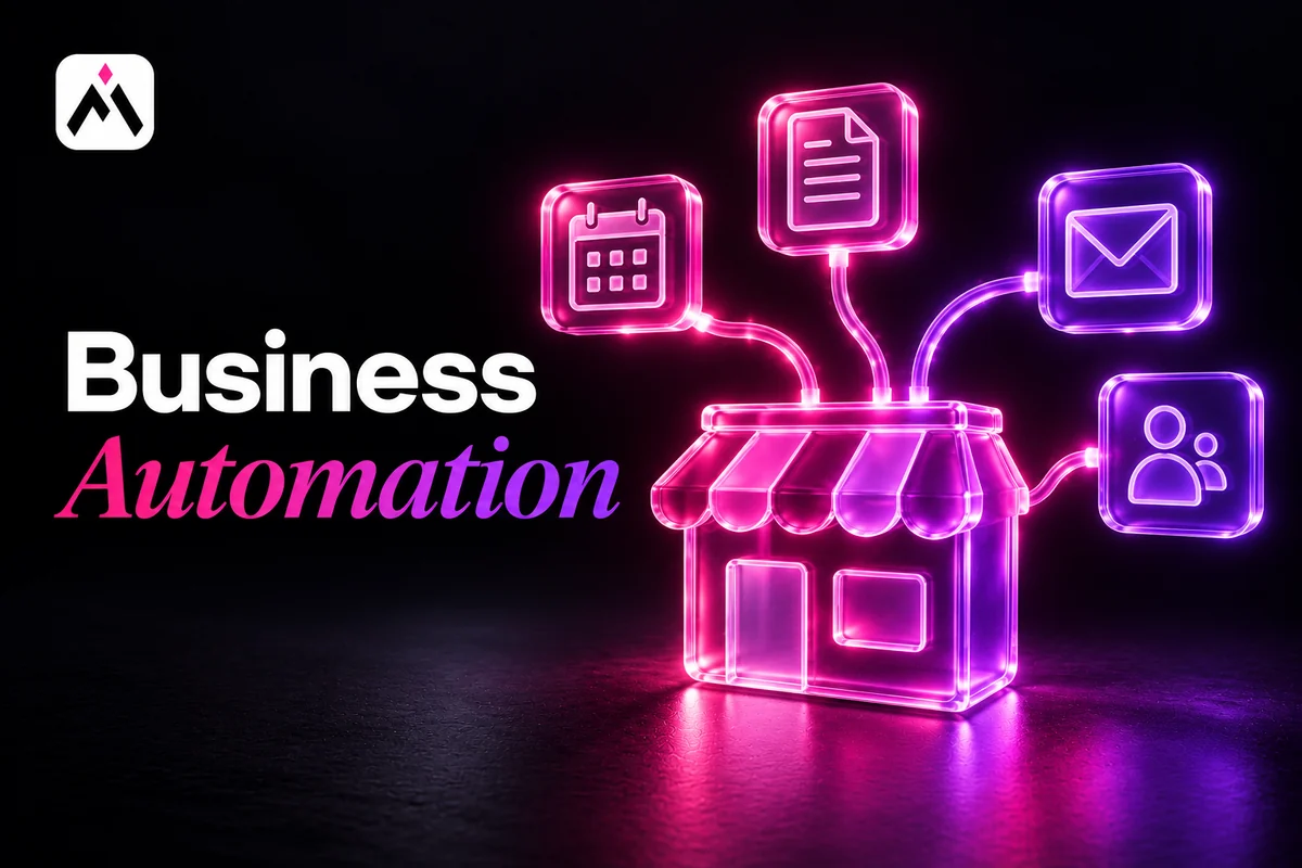 A small glass shop connects to pink everyday work objects. Cover title: Business Automation. Automations For Business logo.