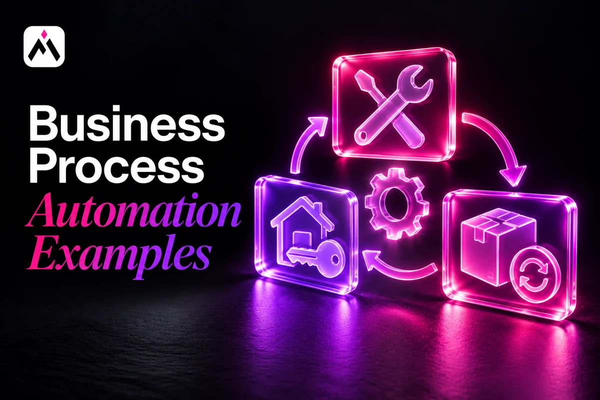 Three glass miniature scenes: repair, rental and replenishment. Cover title: Business Process Automation Examples. Automations For Business logo.