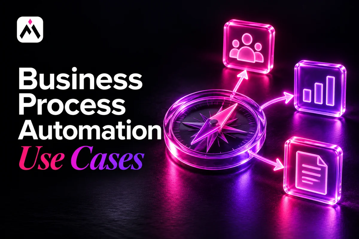 A glass compass points to pink service, stock and document symbols. Cover title: Business Process Automation Use Cases. Automations For Business logo.