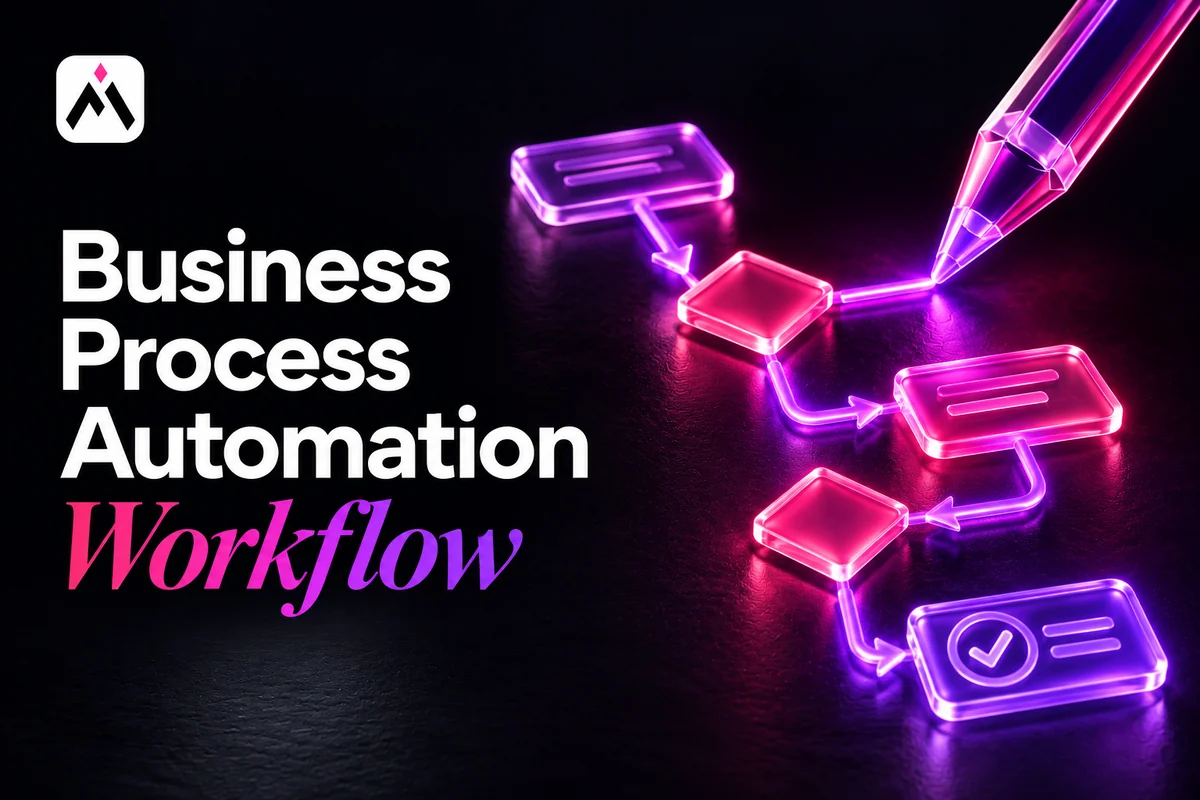 A glass drafting pencil draws a violet path through pink decision nodes. Cover title: Business Process Automation Workflow. Automations For Business logo.