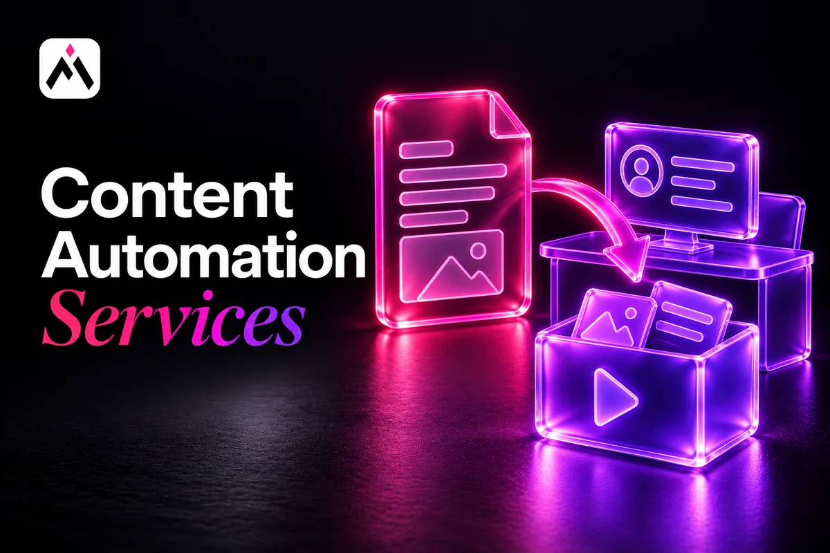 A pink glass content brief beside a violet review desk and delivery box. Cover title: Content Automation Services. Automations For Business logo.