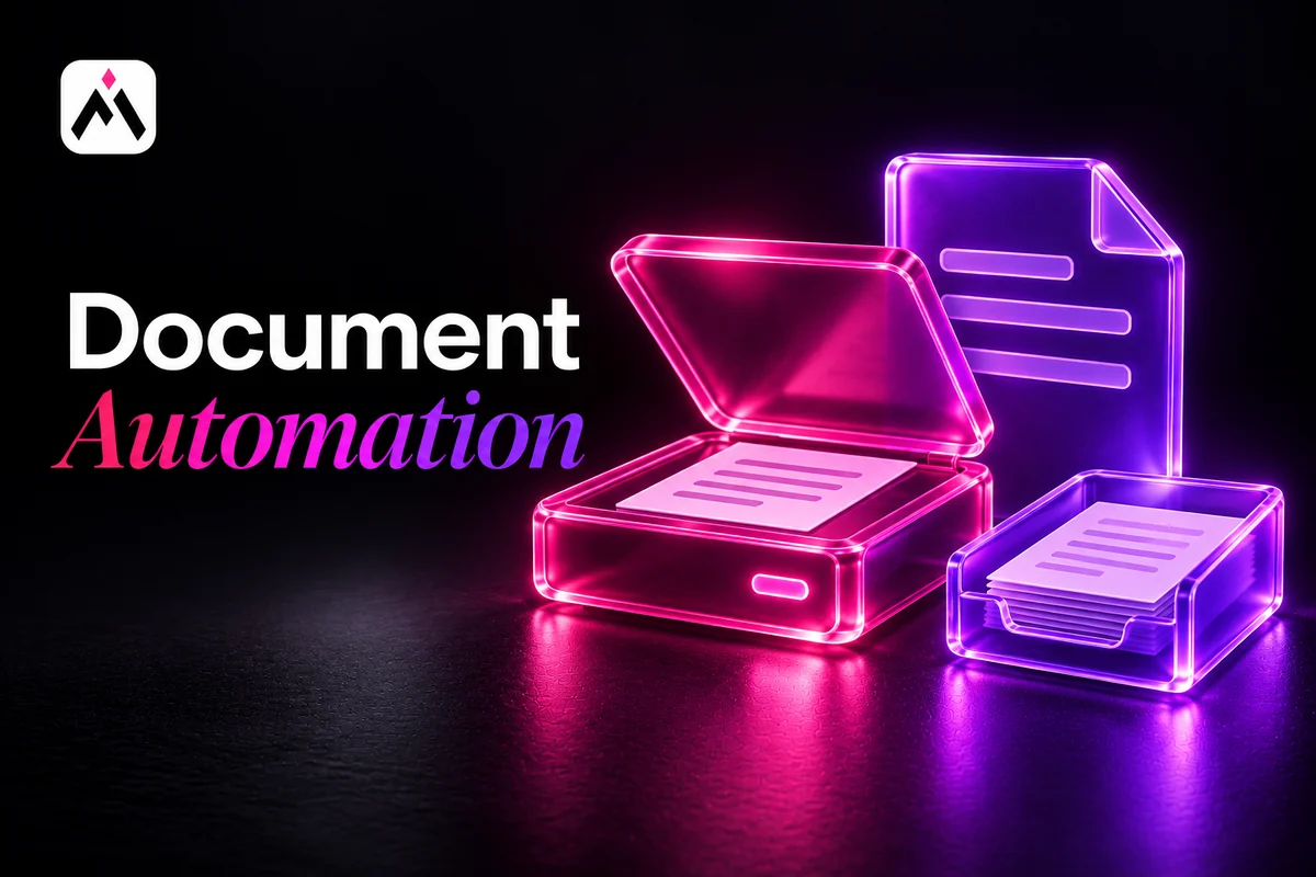 A pink glass scanner, violet blank template and document tray. Cover title: Document Automation. Automations For Business logo.