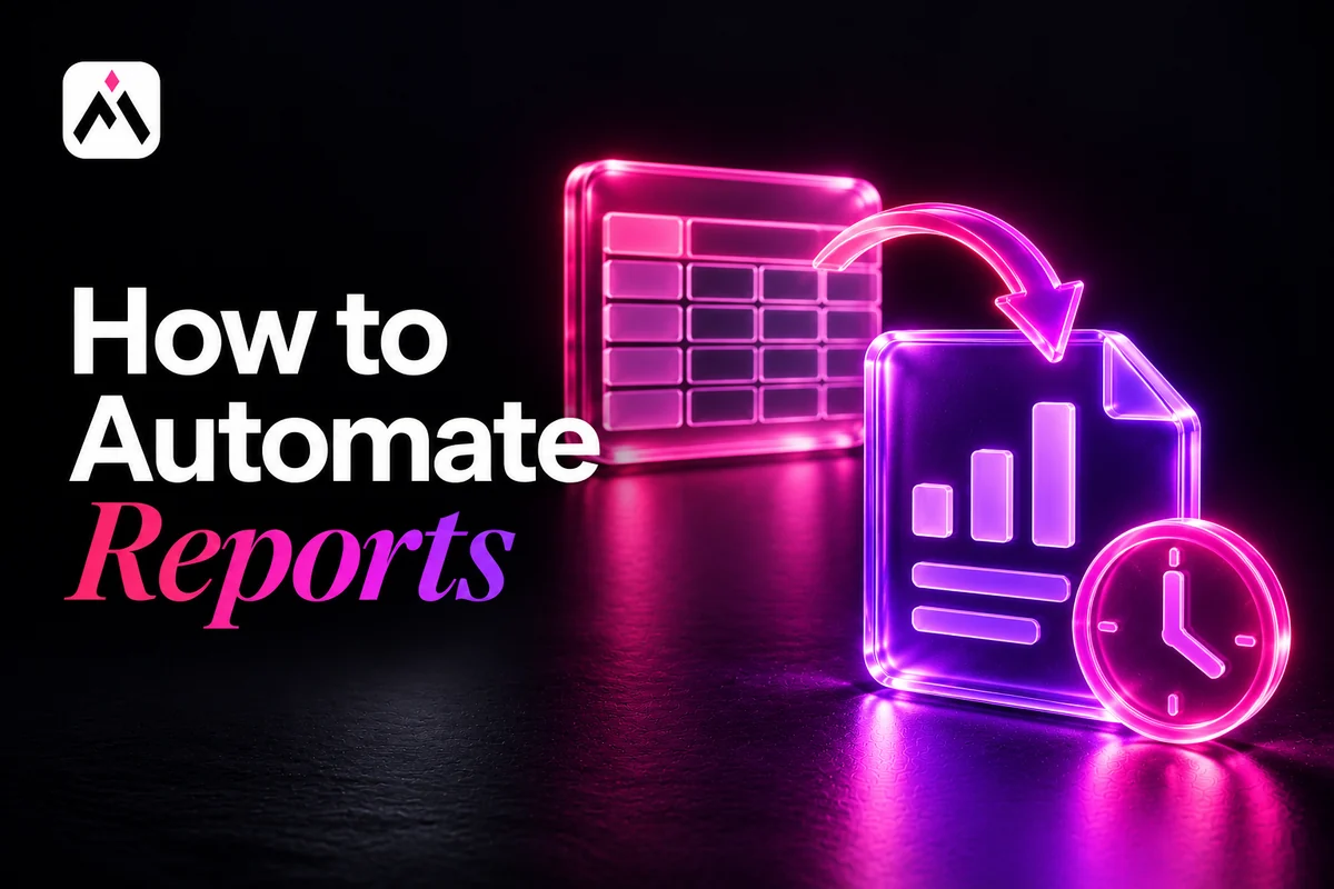 A glass spreadsheet feeds a violet report with a pink clock. Cover title: How to Automate Reports. Automations For Business logo.