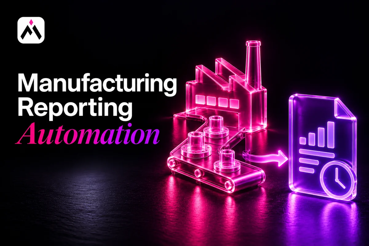 Pink glass factory and conveyor connect to a violet shift report and clock. Cover title: Manufacturing Reporting Automation. Automations For Business logo.