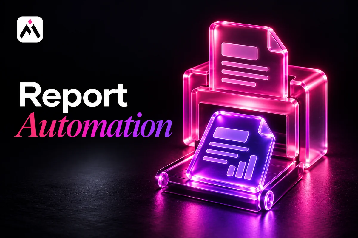 A pink glass report mould produces one violet finished sheet. Cover title: Report Automation. Automations For Business logo.
