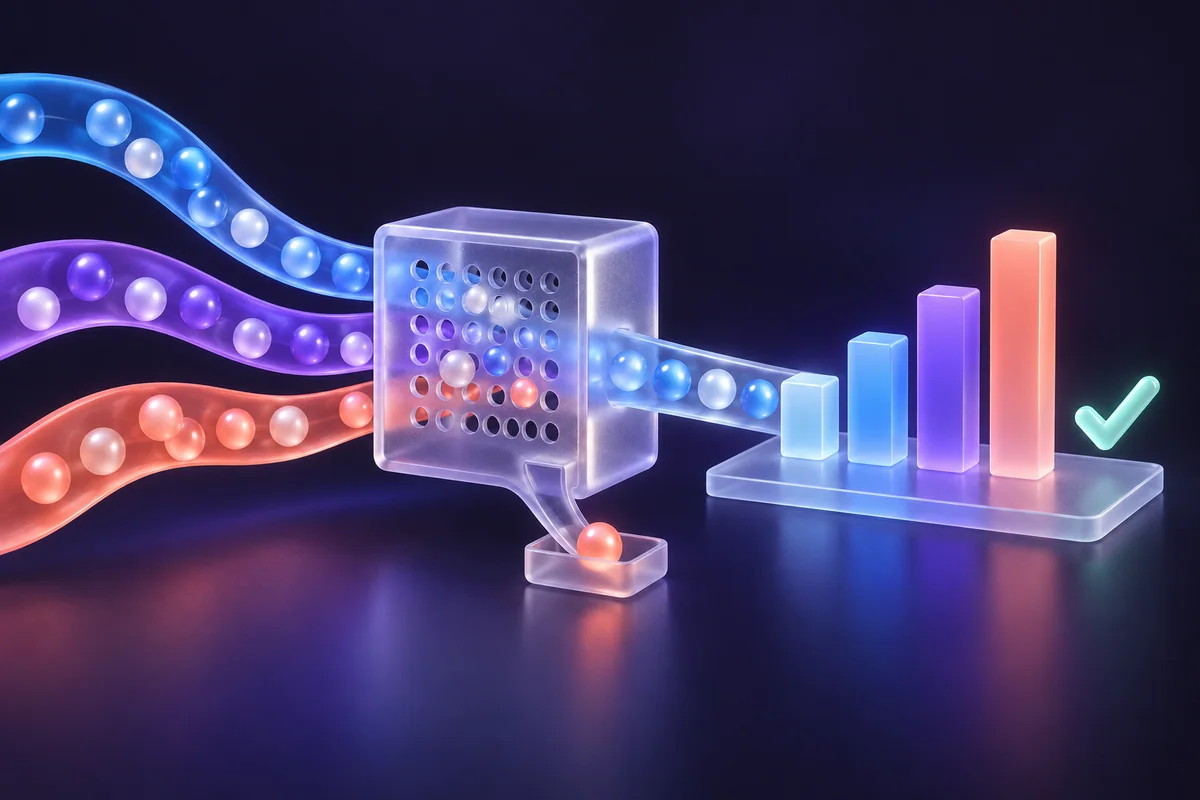 Three streams of data pass through a checking stage before becoming one clear report, with a duplicate item set aside.