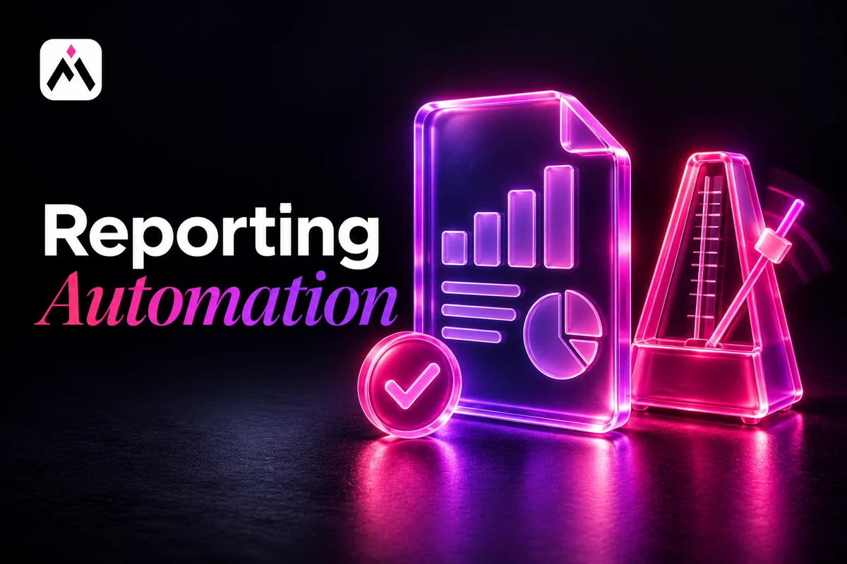 A violet glass report with a pink metronome and checkpoint. Cover title: Reporting Automation. Automations For Business logo.