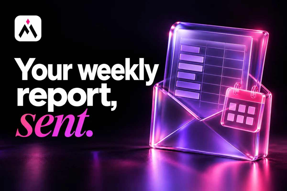 A glass spreadsheet, envelope and calendar. Cover: Your weekly report, sent.