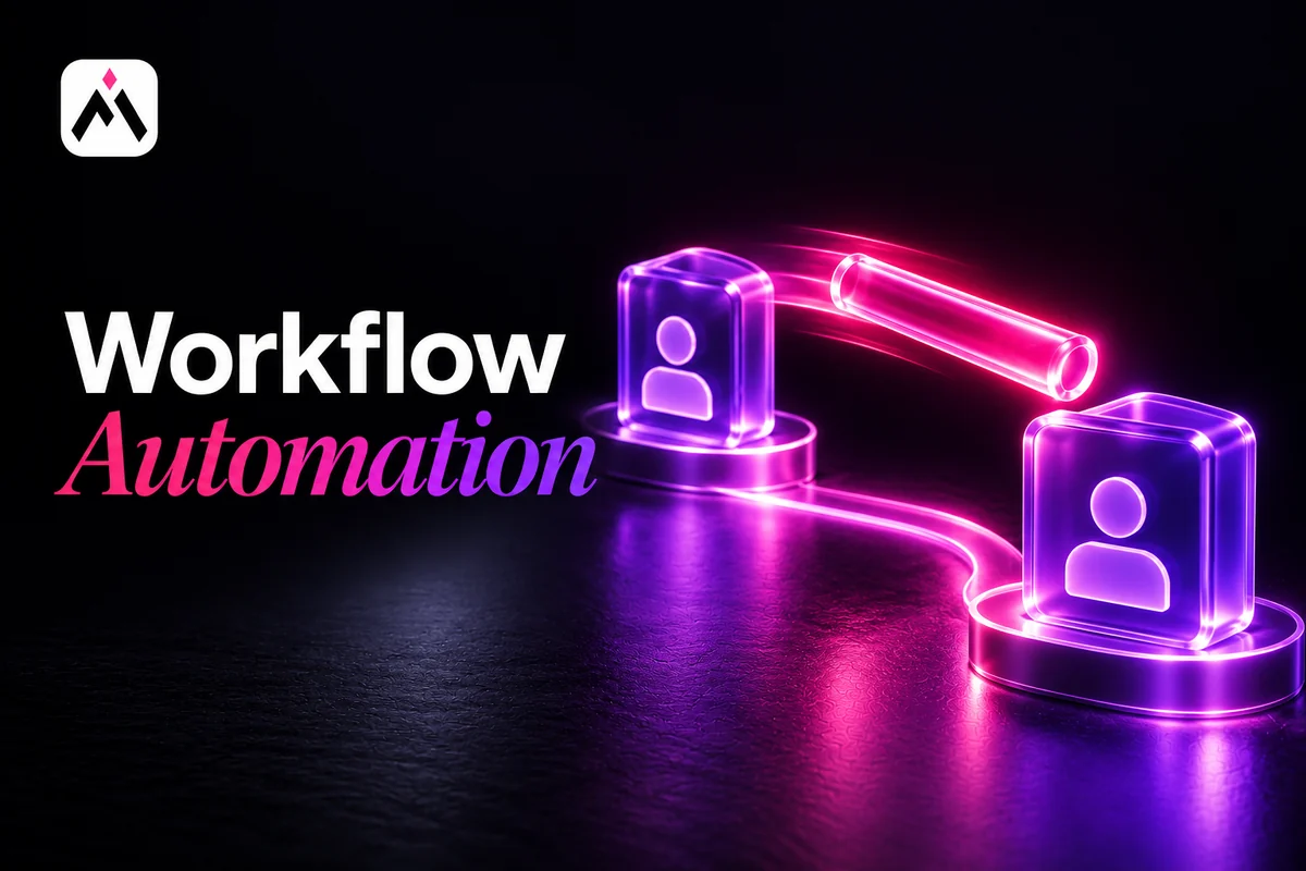 Pink glass relay baton moving between two violet stations. Cover title: Workflow Automation. Automations For Business logo.