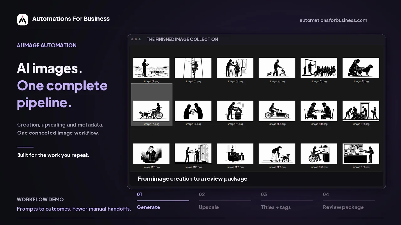 Demonstration of a script generating AI images, upscaling them and preparing titles, descriptions and tags for upload.